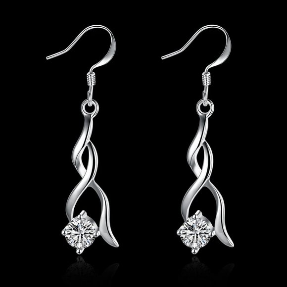 Very Cute Sterling Silver Small Twisted Drop Earrings CZ Stud " Hypoallergenic " - Picture 6 of 6